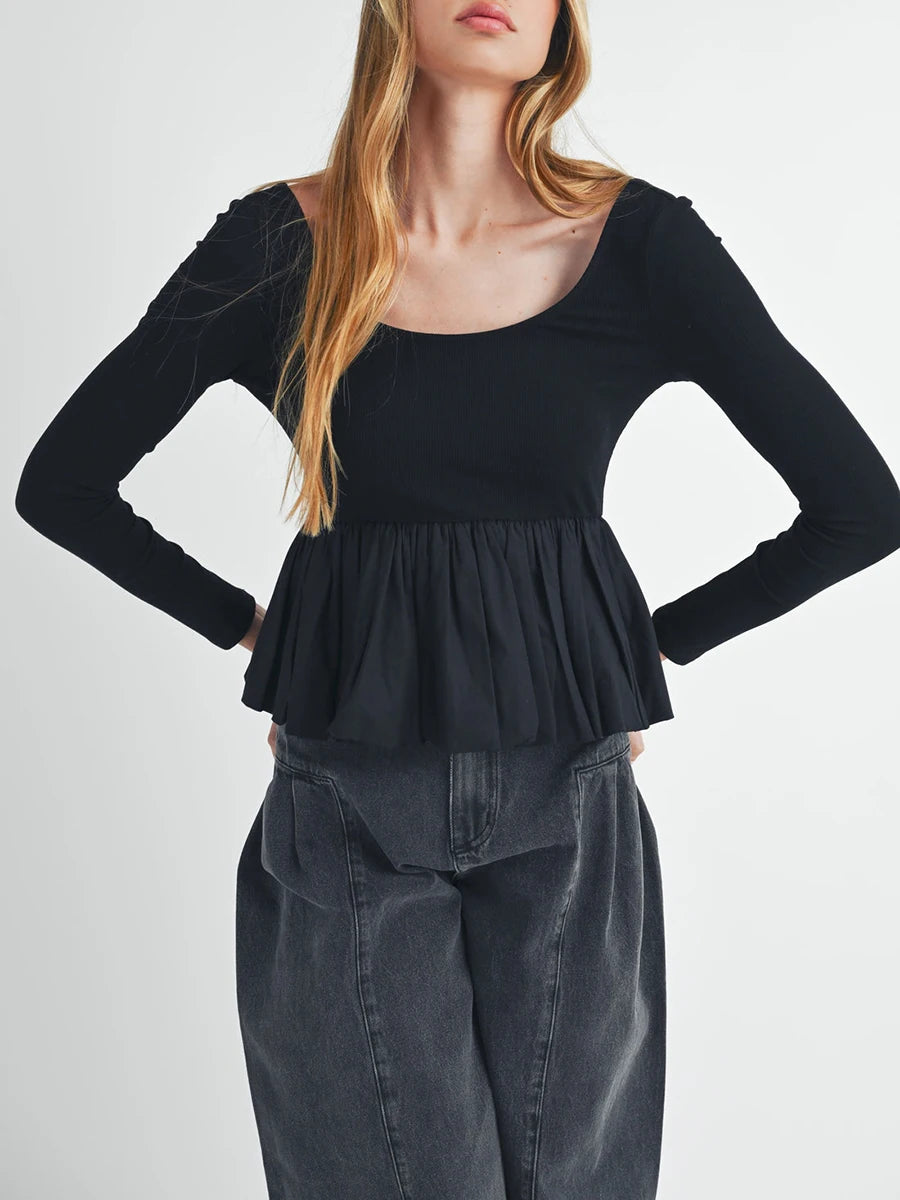 Women Long Sleeve Fall Peplum Tops Casual Solid Color Ruffled Hem Basic T-shirts Streetwear