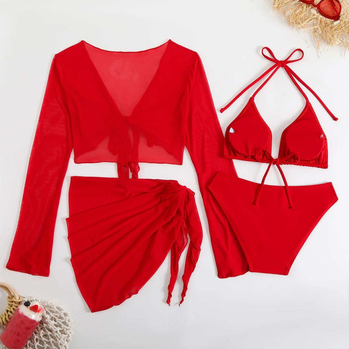 2025 Sexy Bikinis Female Swimsuits Women's Four-Piece Swimwear Beach Swim Wear Bathing Suits Brazilian Bikini Set Red Bather