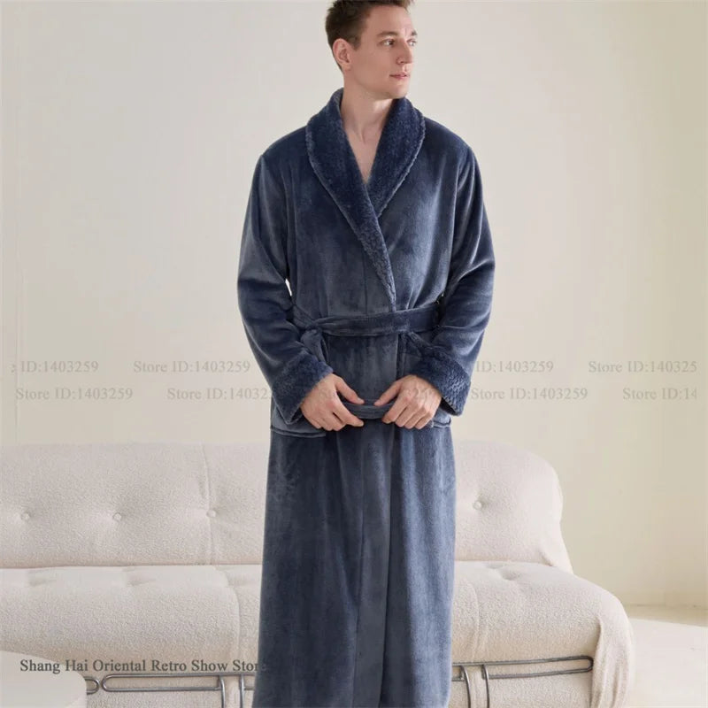 Couple Plus Size Winter Bathrobe Thick Coral Fleece Long Robe Soft Flannel Kimono Gown Loose Home Sleepwear Loungewear