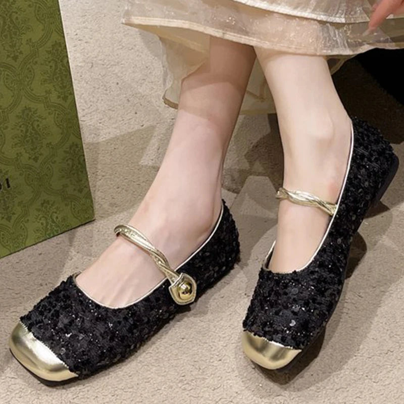 Elegant Solid Color Bling Mary Janes Shoes Women Spring Autumn Buckle Strap Party Flats Woman Shallow Square Top Shoes Lady