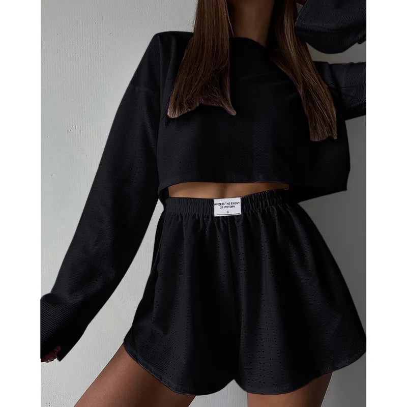 Womens Pointelle Knit Loungewear Set Casual Hollow Out Long Sleeve Crop Top and Shorts Two Piece Outfits Y2K Summer Homewear New