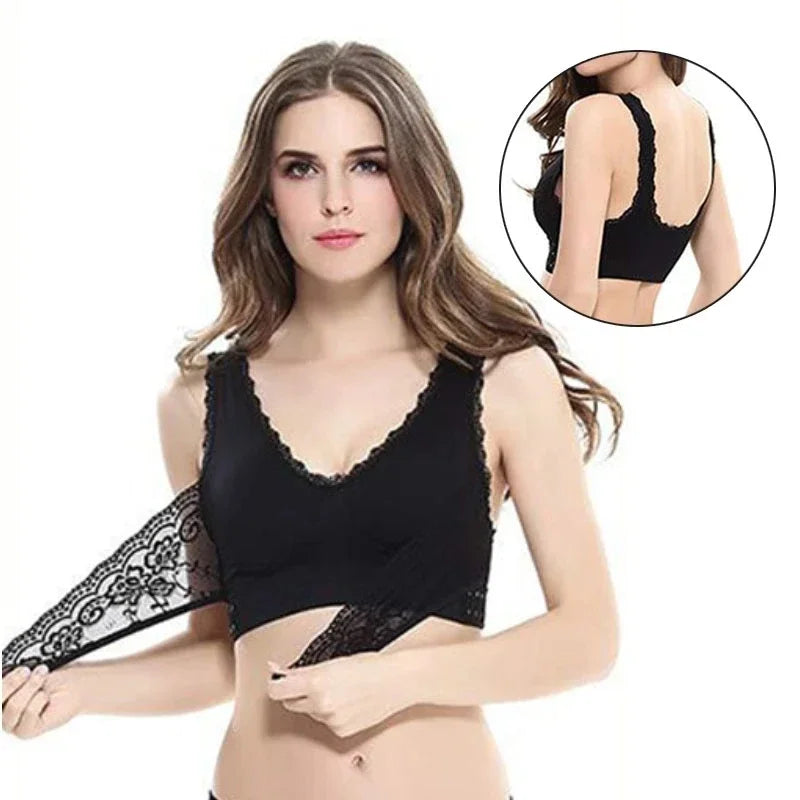 Front Cross Buckle Lace Bra Adjustment Gathering Women's Underwear Yoga Running Vest Seamless Without Steel Ring Brassiere