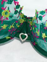 French vintage green floral embroidery lingerie set - Sexy see-through chiffon bra and panties set ZA824026