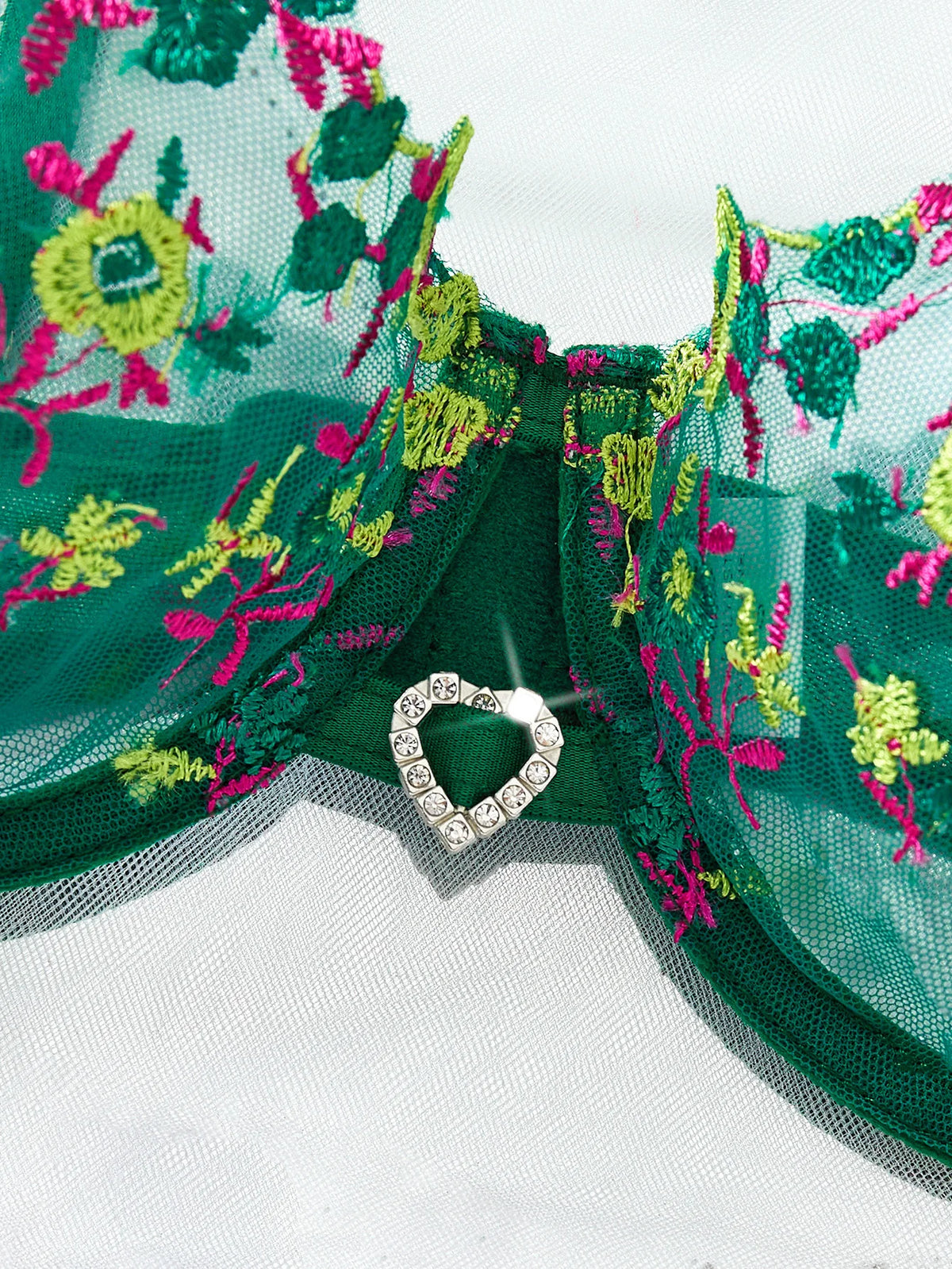 French vintage green floral embroidery lingerie set - Sexy see-through chiffon bra and panties set ZA824026