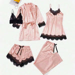 5 Pieces Women's Satin Sleepwear Pajama Set Robe Sexy Lingerie Bathrobe Lace Silk Night Dress Trousers Home Clothed Nightwear PJ