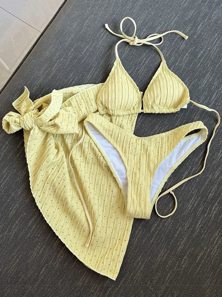 3pcs Sarong Beach Cover Up Skirt Wrinkled Bikini Women Swimwear Female Swimsuit Three-pieces Bikini Set Bathing Suit Swim Lady