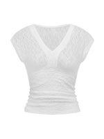 Women Summer Sheer Lace Tops Slim Fit V Neck Cap Sleeve Ruched Slim Crop Shirts Going Out Office Party Sexy T-shirt