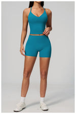 New Yoga Sets Women V Neck Back Criss Cross Sports Tank Top High Waist Butt Lift Shorts Fitness Suit Gym Running Workout Clothes