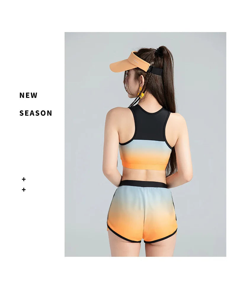 Long Sleeve Rash Guard Women Colorblock Two Piece Swimsuit Crop Top Swimwear High Neck Bathing Suits Zipper Surfing Suits Shorts
