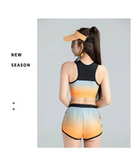 Long Sleeve Rash Guard Women Colorblock Two Piece Swimsuit Crop Top Swimwear High Neck Bathing Suits Zipper Surfing Suits Shorts