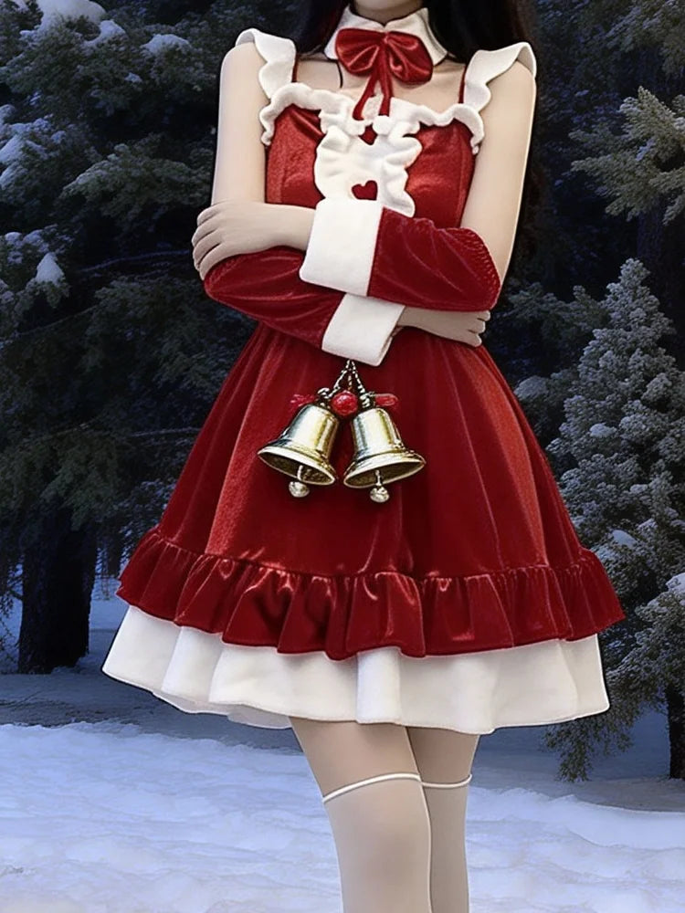 Cute Bunny Santa Christmas Costume Velvet Ruffle Mini Dress Rabbit Headband Bow Tie Xmas Holiday Cosplay Fancy Outfit For Ladies