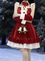 Cute Bunny Santa Christmas Costume Velvet Ruffle Mini Dress Rabbit Headband Bow Tie Xmas Holiday Cosplay Fancy Outfit For Ladies