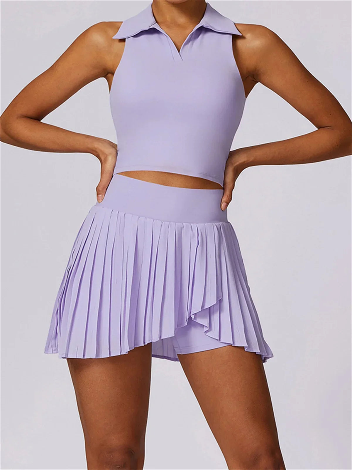 Outdoor Breathable Golf Wear Tennis Sport Sets Women Turn Down Collar Sleeveless Top Short 2 in 1 Skirt Running Fitness Set