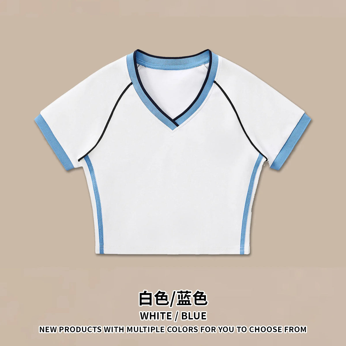 Hot girl top V-neck exposed navel contrasting color splicing clothes women's street short-sleeved T-shirt