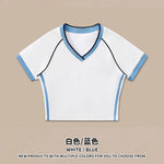 Hot girl top V-neck exposed navel contrasting color splicing clothes women's street short-sleeved T-shirt