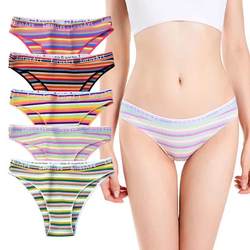 6PCS/Set Cotton Panties For Women Striped Briefs Low Waist Bottoms Female Sports Underpants Seamless Underwear Sexy Lingerie
