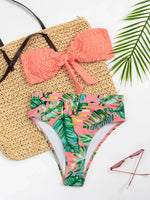 2026 Sexy Bikini Bandeau Women Push Up Swimwear Swimsuit Pleated Leaf Print High Waist Backless Bikinis Set Beach Bathing Suit