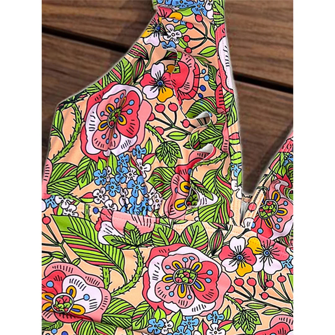 S - XL 2026 Flower Printed Floral V Neck Women Swimwear One Piece Swimsuit Female Halter Monokini Bather Bathing Suit Swim V8221