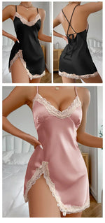 Summer Contrast Sensual Lace Silk Satin Nightdress for Women Deep V Backless Lace Up Split Slip Sleep Dress Nightgown
