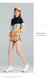 Long Sleeve Rash Guard Women Colorblock Two Piece Swimsuit Crop Top Swimwear High Neck Bathing Suits Zipper Surfing Suits Shorts