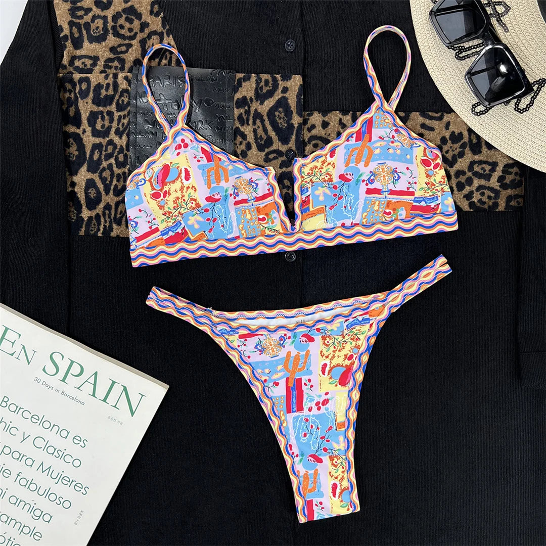 Sexy Printed V Shaped High Leg Cut Bikini Women Swimwear Female Swimsuit Two-Pieces Bikini Set Bather Bathing Suit Swim V4745