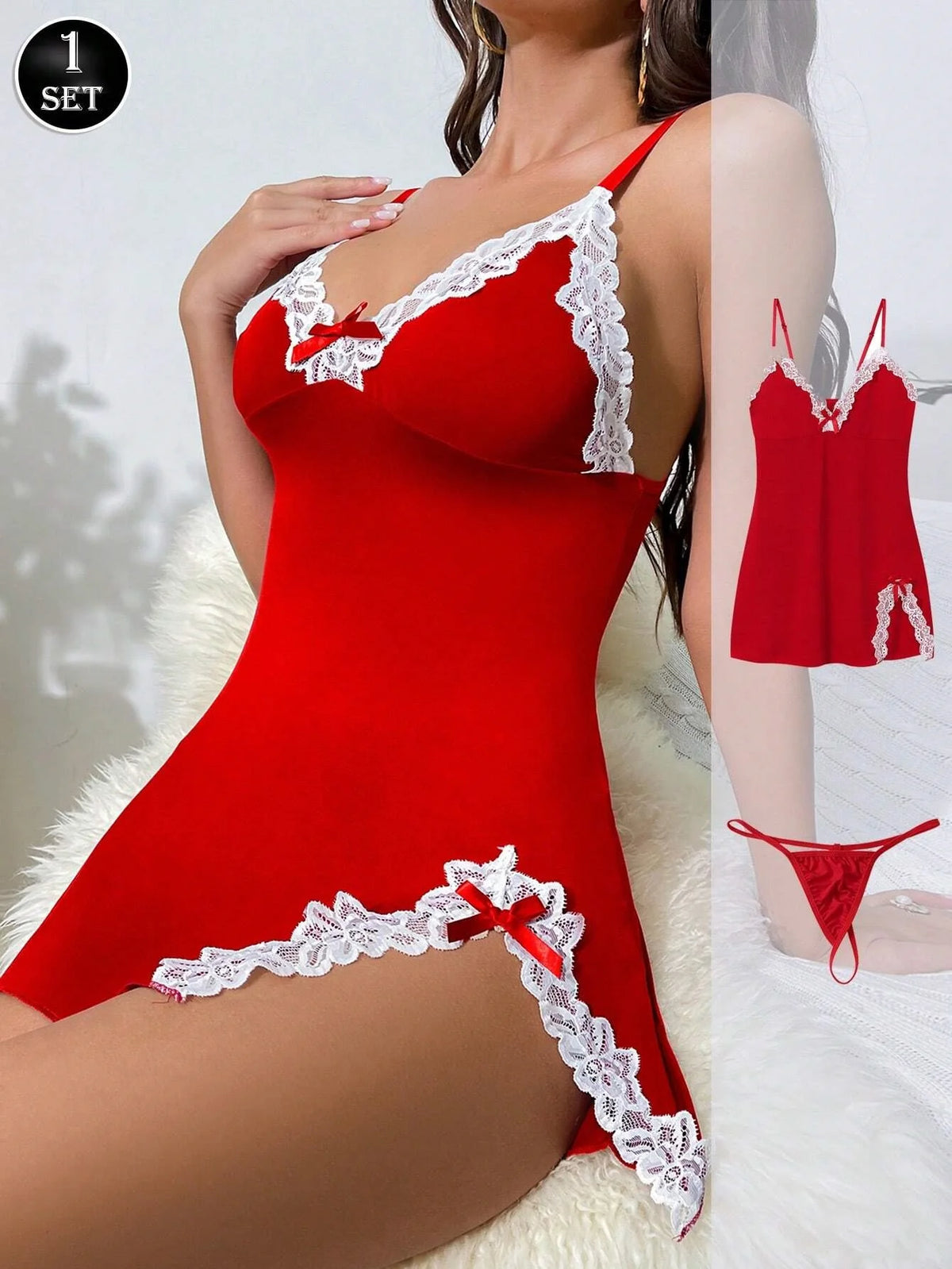 Sexy Sleepwear For Women Lace V-Neck Nightgown Split Hem Soft Lingerie Nightwear Sleeveless NightdressFemale Dress Thongs Sets