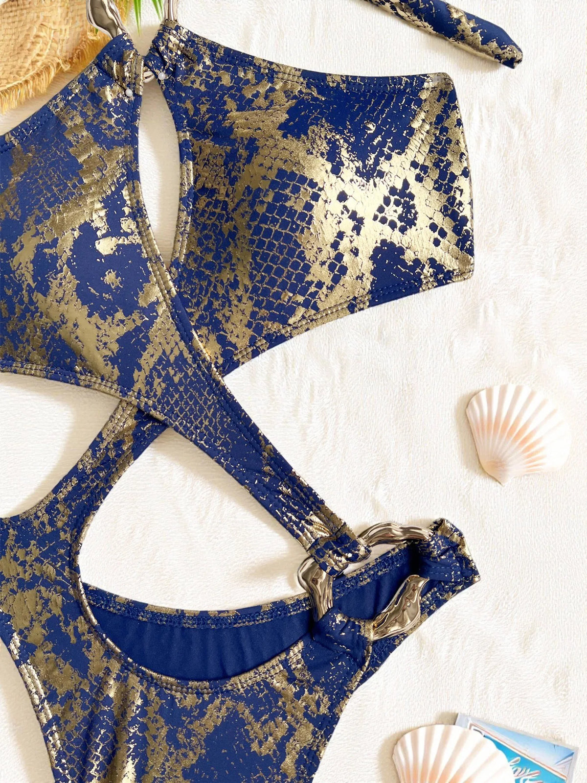 Shiny Blue Snakeskin Print One Piece Swimsuit Women 2026 Sexy Hollow Out Backless Metal Cross Bathing Suit Swimwear Monokini