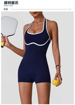 Color Blocking Yoga Jumpsuit Women Sleeveless Hollow Out Backless Slim Sports One Piece Short Suit Gym Running Fitness Rompers