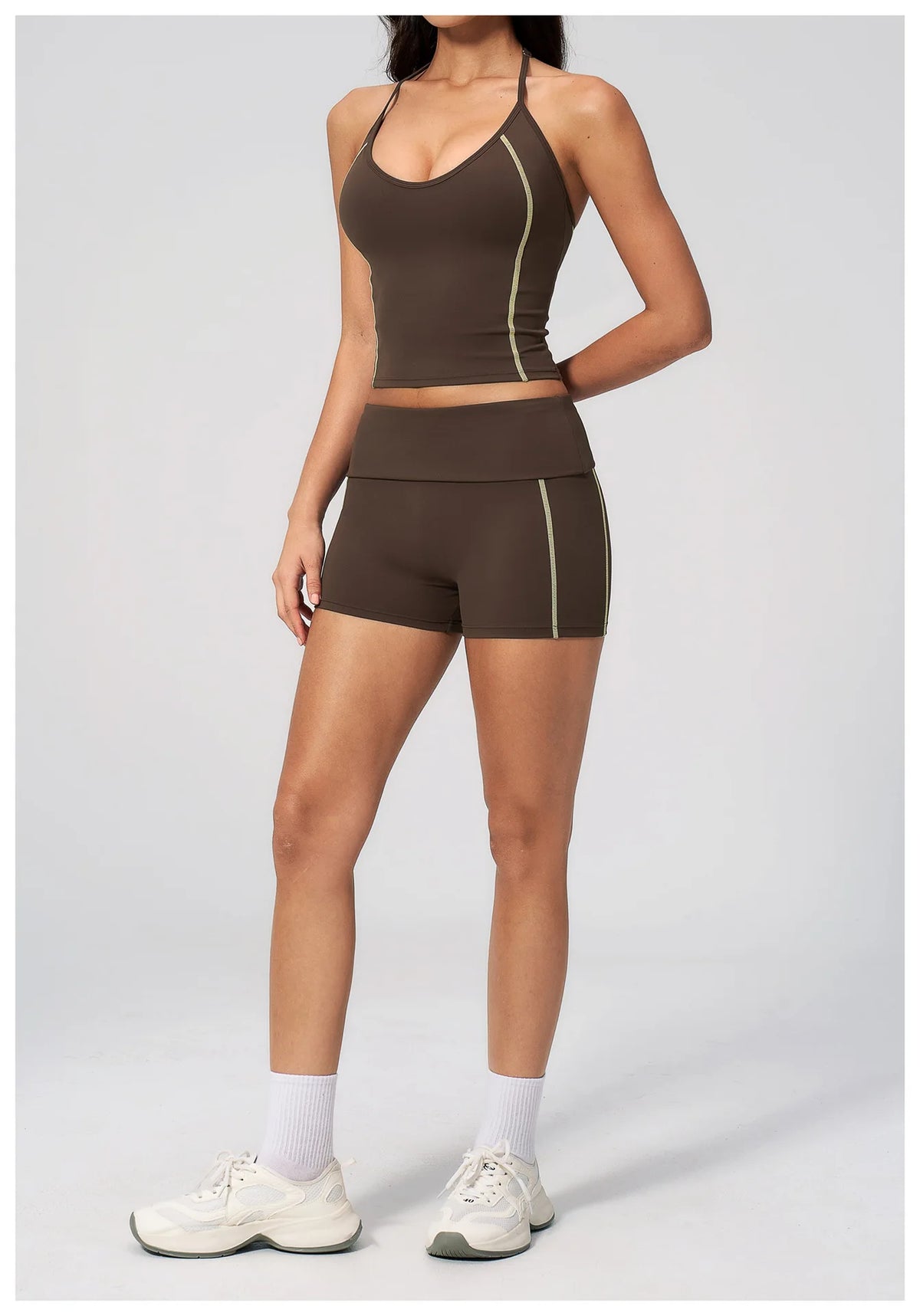 2PCS Women Yoga Sets Color Contrast Hanging Neck V Neck Slimming Sports Tank Top Flip High Waist Shorts Gym Running Fitness Suit