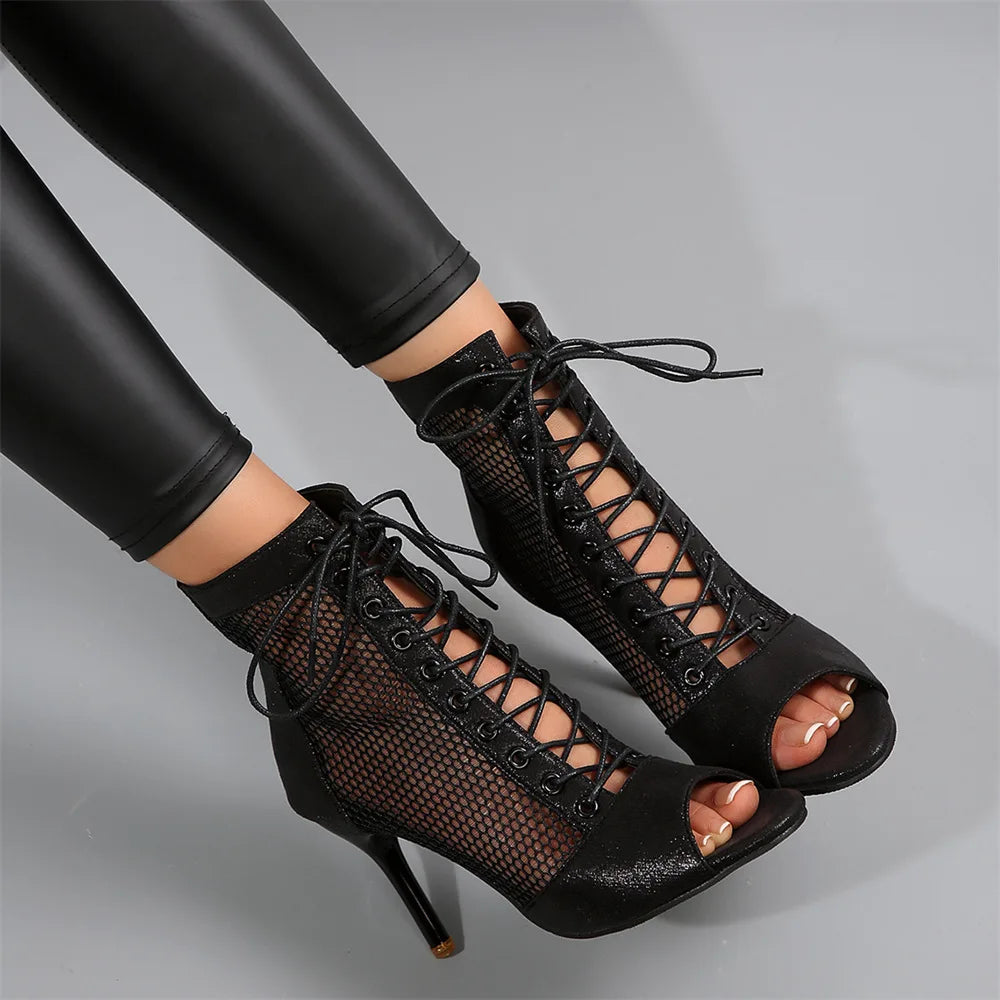 EUR Size 43 Sexy High Heels Dance Shoes Black Lace-up Thin Heeled Stiletto Ankle Boots Silver Peep Toe Summer Boots Party Shoes