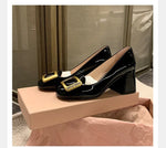 Women Pumps Fashion Square Heel Sexy High Heels Wedding Shoes Ladies Round Toe Metal Buckle Party Chunky Shoes Zapatillas Mujer