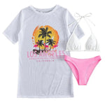 3Pcs/Set Summer Women Bikini Set Solid Color Halter Bra Low-rise Briefs Lace-up See-through Tropical Print Bathing Suit