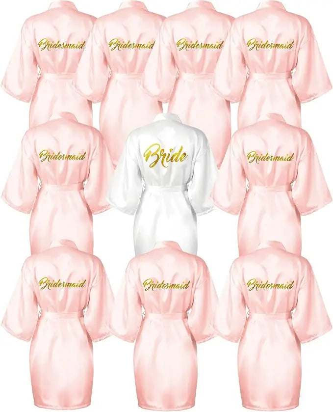 Bridesmaid Robes Satin Bridal Party Embroidered Bride Design, Kimono Sleeves, Smooth Satin Feel, for Getting Ready Photos, Brida