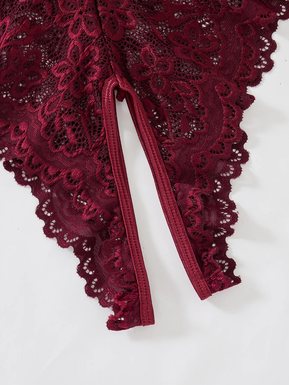 Date-specific Deep V cut WineRed lace one-piece dress. Lightweight sheer cross-strapped women's sexy lingerie set.