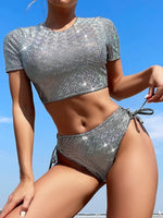 Shiny Sequins Cross Backless Short Sleeve Bikini Women Swimsuit Female Swimwear Two Pieces Bikini Set Bather Bathing Suit Swim