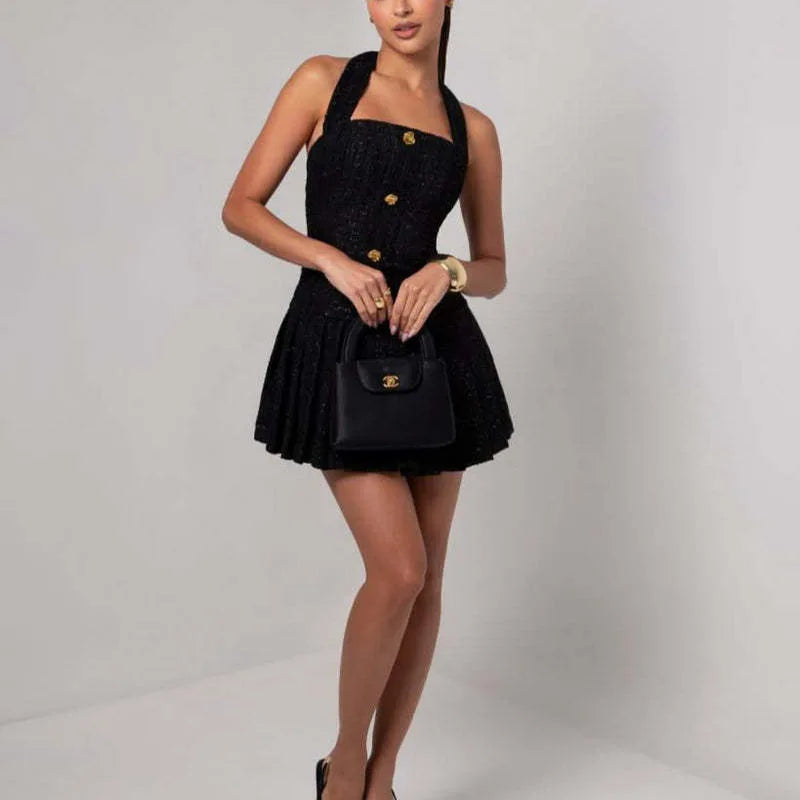 Temperament Elegant Women's Halter Neck Dress Solid Color Braid Fabric Pleated Short Dresses Socialite Commuting Style Vestidos
