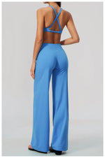 Summer 2 Piece Yoga Sets Women Tight Back Cross Sports Bra High Waist Peach Hip Wide Leg Pants Gym Running Fitness Workout Suits