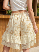 Women's Floral Lace Hem Shorts Drawstring Elastic Waist Wide Leg Knee Length Shorts Daily Loose Casual Lounge Street Mid Pants
