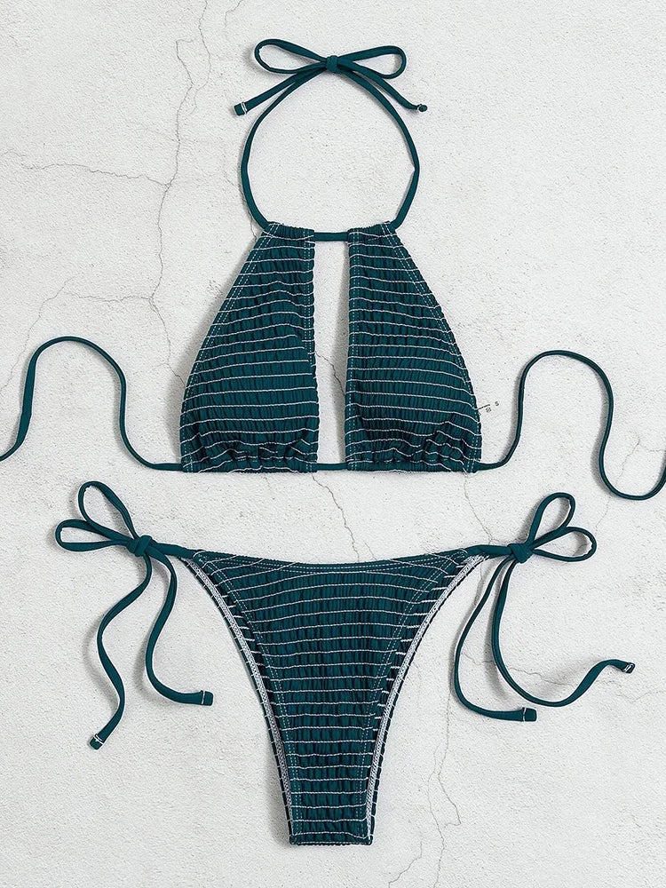 2025 Halter Tie Side Hollow Out Smocked Bikini Women Swimsuit Female Swimwear Two Pieces Bikini Set Swim Bathing Suit Beach Wear