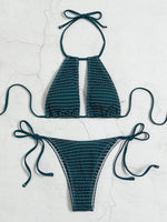 2025 Halter Tie Side Hollow Out Smocked Bikini Women Swimsuit Female Swimwear Two Pieces Bikini Set Swim Bathing Suit Beach Wear
