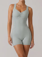 Cross Exposed Back Shaping Nude Yoga Jumpsuit Women Summer Sleeveless Pleate Slim Hip Lifting Short Sport Fitness One Piece Suit
