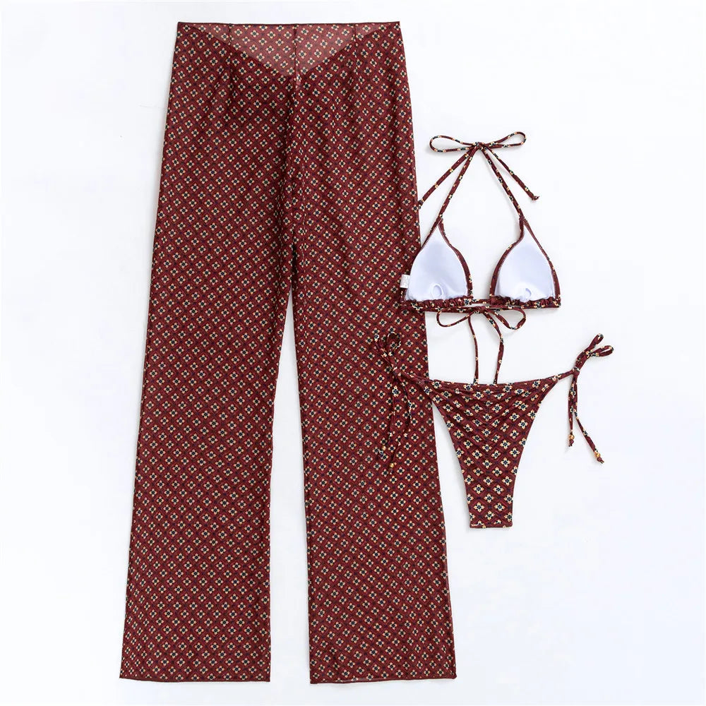 Floral Print 3 Piece Micro Thong Bikini Set Swimwear with Trousers Sexy Swimsuit Woman 2026 Bikinis Mujer Beachwear Bathing Suit