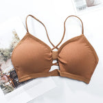 Front Hollow Out Ribbed Bralette Criss Cross Back Thin Straps Removable Chest Pads Wireless Bra Breathable Daily Underwear