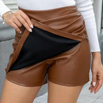 Women High-Waisted Mini Skort Pure Color Slimming Design Fake Skort Ladies Faux Leather Hip-Covered Mini Skirt For Daily Wear