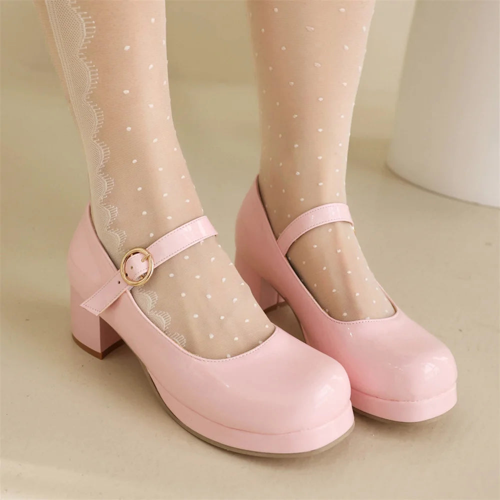 Plus Size 30-48 Mary Jane Shoes Women Sweet Lolita Round Toe Adjustable Buckle Strap Platform Thick Sole 5cm Block Heel Shoes