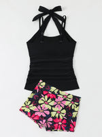 New Floral Print Tankini Sets Swimwear Halter Women Two Pieces Swimsuit Summer Slimming Sporty High Waisted Bathing Suits Shorts