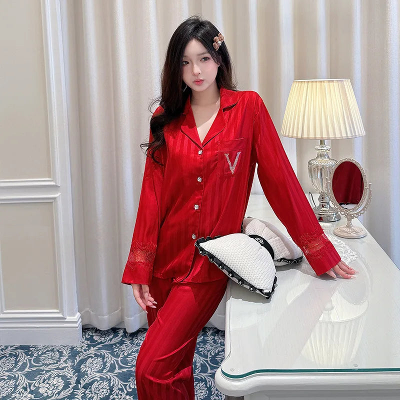 Lace splicing light luxury pajamas for women long-sleeved ice silk silk early spring comfortable home wear set