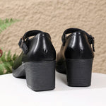 Plus Size 42 Black Thick Heels Pumps Women Classic Pu Leather Platform Mary Jane Shoes Woman Ankle Buckle Office High Heel Shoes