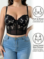 Plus Size Floral Embroidered Lace Bustier Bra – Push Up, Tummy Control & Non-Slip Corset Top