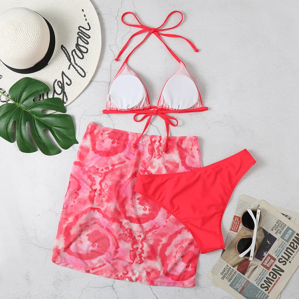 3 Pieces Bikini Set With SkirtTie Dye String Thong Bathing Suit Women Swimsuit FemaleSwimwear Beach Wear Swim Lady Summer